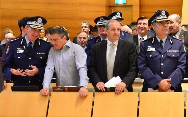 NSW Police Commissioner Andrew Scipione chats to Central Synagogue president Danny Taibel, alongside NSW Jewish Board of Deputies CEO Vic Alhadeff, and Deputy Commissioner Nick Kaldas.
Photo: Henry Benjamin NSW Police Commissioner Andrew Scipione chats to Central Synagogue president Danny Taibel, alongside NSW Jewish Board of Deputies CEO Vic Alhadeff, and Deputy Commissioner Nick Kaldas.
Photo: Henry Benjamin