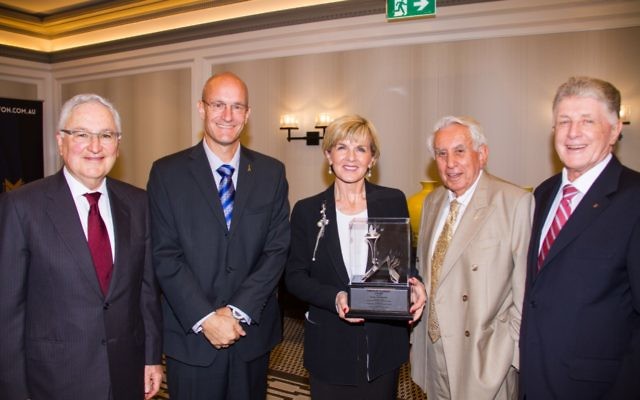 From left: Michael Dunkel, president of the NSW branch of Australian Friends of
the Hebrew University (AFHU), Professor Shy Arkin, vice president for research and
development at the university, Julie Bishop with her award, Harry Triguboff and
Robert Simons, federal president, AFHU. From left: Michael Dunkel, president of the NSW branch of Australian Friends of
the Hebrew University (AFHU), Professor Shy Arkin, vice president for research and
development at the university, Julie Bishop with her award, Harry Triguboff and
Robert Simons, federal president, AFHU.