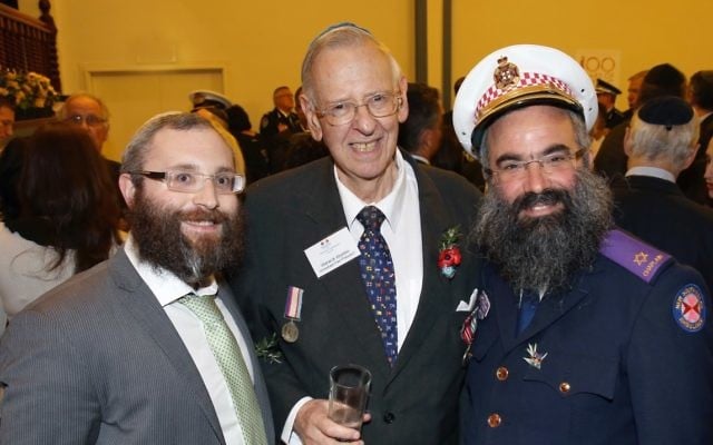 Warwick Abadee (centre) with Rabbi Danny Yaffe (left) and Rabbi Dovid Slavin at
the Centenary of Jewish Anzac ceremony at the Great Synagogue in May.
Photo: Noel Kessel Warwick Abadee (centre) with Rabbi Danny Yaffe (left) and Rabbi Dovid Slavin at
the Centenary of Jewish Anzac ceremony at the Great Synagogue in May.
Photo: Noel Kessel