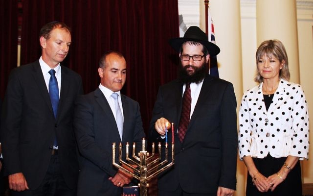 Chanukah at Victorian Parliament House. From left: David Southwick, James Merlino, Rabbi Chaim Herzog, Myriam Boisbouvier-Wylie, honorary Consul general of France in Melbourne. Photo: Peter Haskin Chanukah at Victorian Parliament House. From left: David Southwick, James Merlino, Rabbi Chaim Herzog, Myriam Boisbouvier-Wylie, honorary Consul general of France in Melbourne. Photo: Peter Haskin