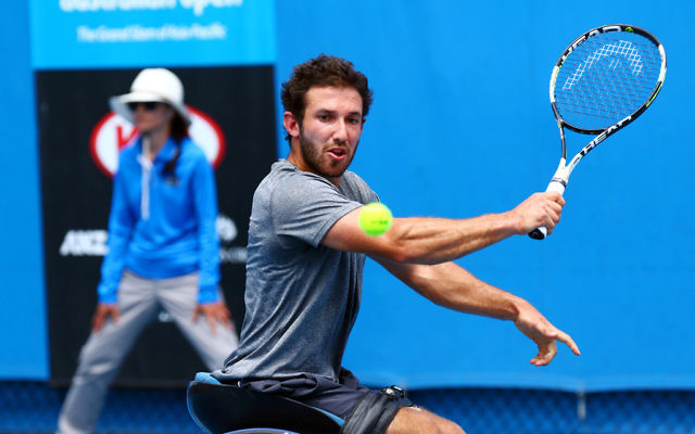 27-1-16. Australian Open 2016. Adam Kellerman v Gustavo Fernandez. Mens Wheel chair. Photo: Peter Haskin 27-1-16. Australian Open 2016. Adam Kellerman v Gustavo Fernandez. Mens Wheel chair. Photo: Peter Haskin
