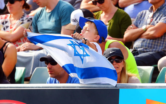 23-1-16. Australian Open 2016. Dudi Sela fans. Israeli flags. photo: peter haskin
