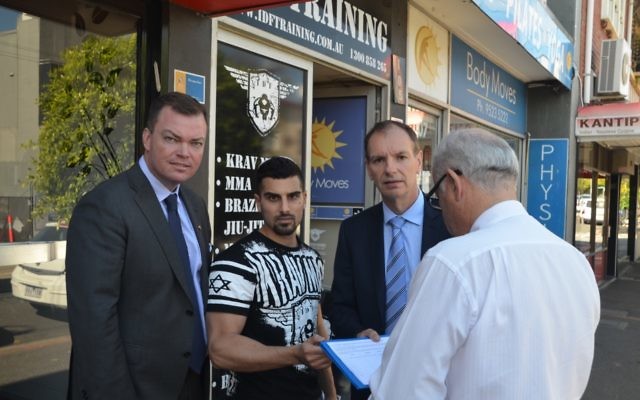 From left: Edward O’Donohue MP, Avi Yemini (IDF Training), David Southwick MP, with their petition’s first signatory, Ivan. Photo: Office of David Southwick MP