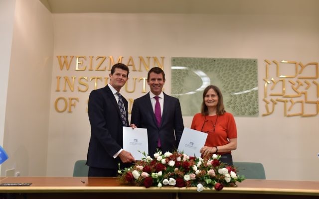 Mike Baird (centre) with Professor Christopher Goodnow, deputy director at the Garvan Institute of Medical Research and Professor Michal Neeman, vice president of the Weizmann Institute. Photo: The Weizmann Institute Mike Baird (centre) with Professor Christopher Goodnow, deputy director at the Garvan Institute of Medical Research and Professor Michal Neeman, vice president of the Weizmann Institute. Photo: The Weizmann Institute