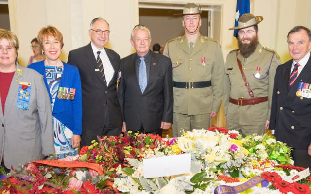 From left: VAJEX president Judy Landau, vice-president Julie Leder, Major General Jeffrey Rosenfeld, Squadron Leader Peter Meehan, bugler Tim Williams, chaplain Rabbi Dovid Gutnick and Major General Jim Barry. From left: VAJEX president Judy Landau, vice-president Julie Leder, Major General Jeffrey Rosenfeld, Squadron Leader Peter Meehan, bugler Tim Williams, chaplain Rabbi Dovid Gutnick and Major General Jim Barry.