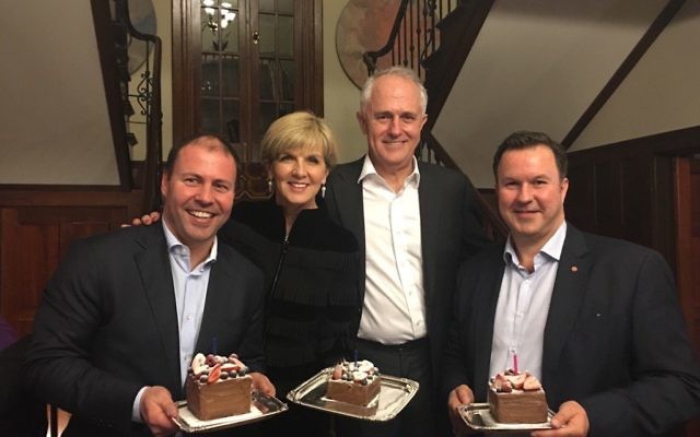 Happy Birthday: Josh Frydenberg MP (on left) with foreign minister Julie Bishop, prime minister Malcolm Turnbull and Senator David Bushby in The Lodge, Canberra, last week. Happy Birthday: Josh Frydenberg MP (on left) with foreign minister Julie Bishop, prime minister Malcolm Turnbull and Senator David Bushby in The Lodge, Canberra, last week.