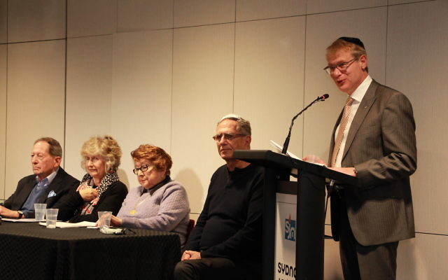 Peter Wayne introduces Holocaust child survivors (from left to right) Egon Sonnenschein, Litzi Lemberg, Jacquie Dale and Peter Halas. Photo: Shane Desiatnik Peter Wayne introduces Holocaust child survivors (from left to right) Egon Sonnenschein, Litzi Lemberg, Jacquie Dale and Peter Halas. Photo: Shane Desiatnik
