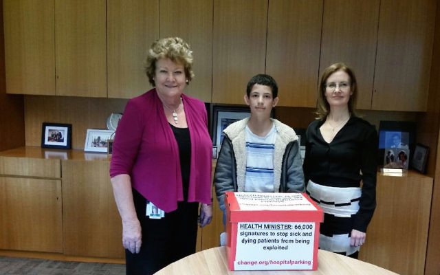 Sydney's Gidon Goodman, 13, presents his petition for hospital parking fee regulation to NSW Health Minister Jillian Skinner with Vaucluse MP Gabrielle Upton at NSW Parliament House on October 11. Sydney's Gidon Goodman, 13, presents his petition for hospital parking fee regulation to NSW Health Minister Jillian Skinner with Vaucluse MP Gabrielle Upton at NSW Parliament House on October 11.