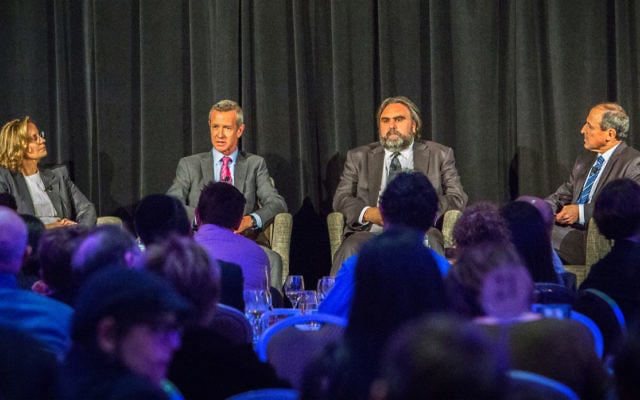 Associate Professor Leanne Piggott, Peter Hartcher, Anthony Bubalo and panel host Vic Alhadeff at the 2016 Graf Oration at Sydney's Shangri-La Hotel on September 26.
Photo: Jack Hochfeld.