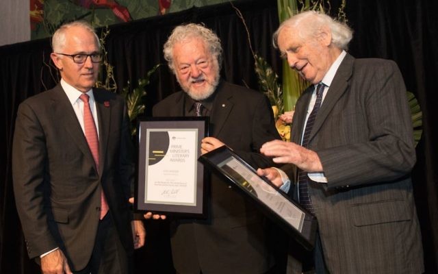 Sam Lipski (centre) and Geoffrey Blainey (right) receiving their awards from Prime Minister Malcolm Turnbull. Photo: Andrew Taylor Sam Lipski (centre) and Geoffrey Blainey (right) receiving their awards from Prime Minister Malcolm Turnbull. Photo: Andrew Taylor