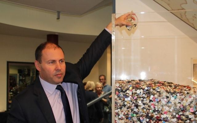 Josh Frydenberg MP at the launch of Bialik College's Button Project installation. Each button represents a child killed in the Holocaust.