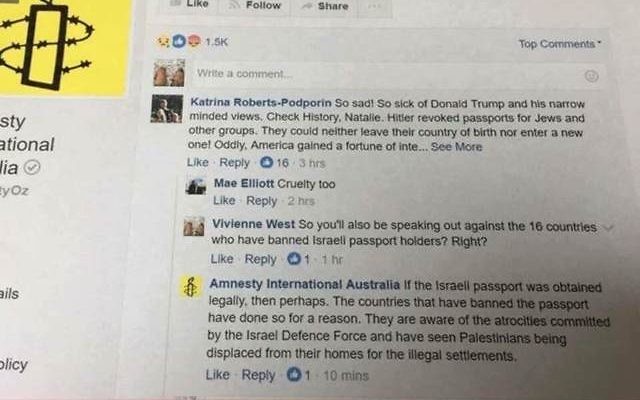 The controversial comment posted by Amnesty International Australia on its Facebook site. The controversial comment posted by Amnesty International Australia on its Facebook site.
