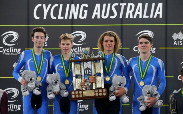 Riley Hart (far right) with his Victorian teammates on the podium after winning the U19 men's team pursuit final at the 2017 National Track Cycling Championships in the Gold Coast last week. Riley Hart (far right) with his Victorian teammates on the podium after winning the U19 men's team pursuit final at the 2017 National Track Cycling Championships in the Gold Coast last week.