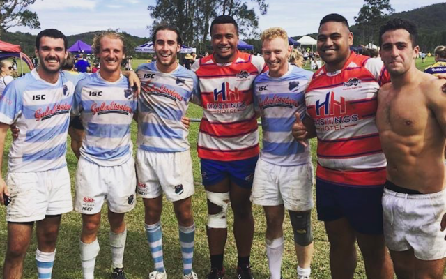 Maccabi captain Nathan Ezekiel (on far right) and teammates (in blue and white, from left,) Liam Baum, Harry Goldman, Jared Elison and David Krantz, at the Crescent Head Rugby 7s on March 4. Maccabi captain Nathan Ezekiel (on far right) and teammates (in blue and white, from left,) Liam Baum, Harry Goldman, Jared Elison and David Krantz, at the Crescent Head Rugby 7s on March 4.