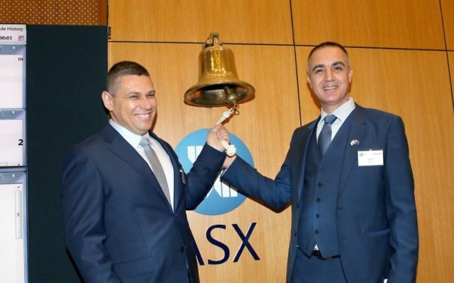 Mobilicom co-founders Yossi Segal (left) and Oren Elkayam ring the famous ASX bell in Sydney to mark the public listing of the Israeli company on May 2, Israel’s Independence Day. Photo: Noel Kessel Mobilicom co-founders Yossi Segal (left) and Oren Elkayam ring the famous ASX bell in Sydney to mark the public listing of the Israeli company on May 2, Israel’s Independence Day. Photo: Noel Kessel