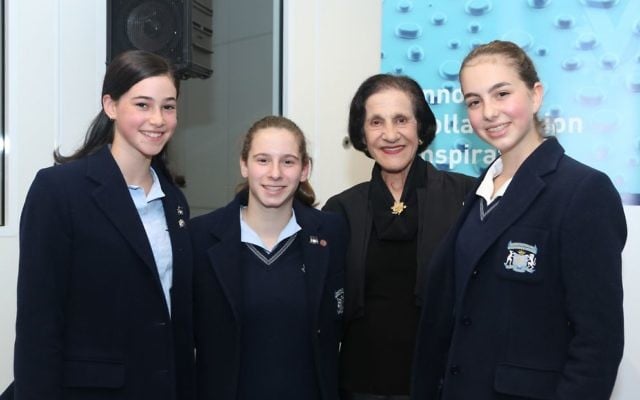 Professor Dame Marie Bashir with Moriah College students (from left) Leila Freedman, Jaime Levine and Hannah Whitmont. Photo: Giselle Haber Professor Dame Marie Bashir with Moriah College students (from left) Leila Freedman, Jaime Levine and Hannah Whitmont. Photo: Giselle Haber
