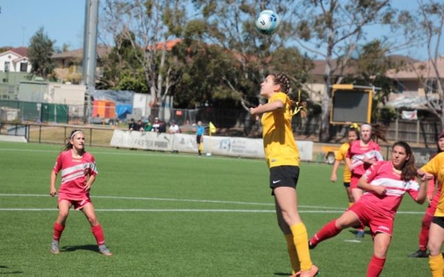 UNSW U15s co-captain Saskia Reisin executes a header in the Football NSW U15s Women's State League grand final win against Parramatta FC on September 17. Photo: Shane Desiatnik UNSW U15s co-captain Saskia Reisin executes a header in the Football NSW U15s Women's State League grand final win against Parramatta FC on September 17. Photo: Shane Desiatnik