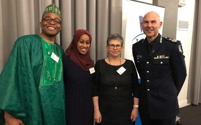 From left: Fred Alale, president of the Nigerian Society of Victoria, PriceWaterhouseCoopers intern Bareetu Aba-Bulgu, JCCV president Jennifer Huppert, and Victoria Police deputy commissioner Andrew Crisp. From left: Fred Alale, president of the Nigerian Society of Victoria, PriceWaterhouseCoopers intern Bareetu Aba-Bulgu, JCCV president Jennifer Huppert, and Victoria Police deputy commissioner Andrew Crisp.