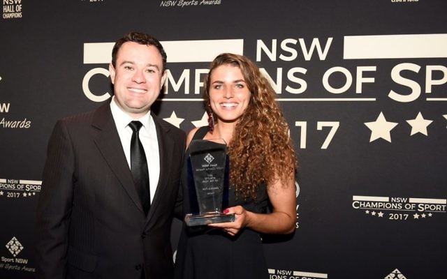 NSW Minister for Sport Stuart Ayres presenting canoe slalom champion Jessica Fox with the Athlete of the Year award.