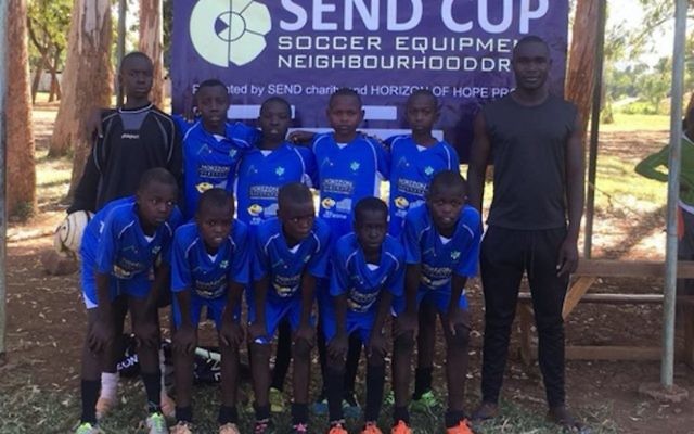 The junior team at Wire Soccer Academy in Oyugis, Kenya, wearing the donated Maccabi Hakoah Junior Football Club shorts and shirts at a tournament this month. The junior team at Wire Soccer Academy in Oyugis, Kenya, wearing the donated Maccabi Hakoah Junior Football Club shorts and shirts at a tournament this month.