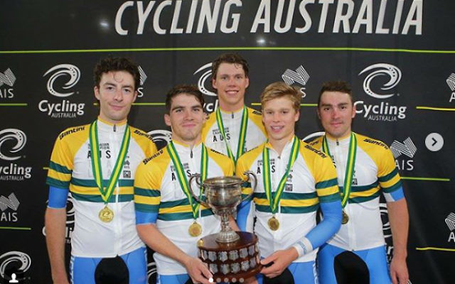 Riley Hart (left) with his Victorian teammates after winning the elite men's team pursuit gold medal at the 2018 Track National Championships on February 1. Photo: John Veage/Cycling Australia Riley Hart (left) with his Victorian teammates after winning the elite men's team pursuit gold medal at the 2018 Track National Championships on February 1. Photo: John Veage/Cycling Australia