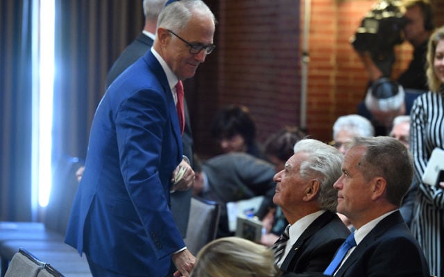 Malcolm Turnbull with Bob Hawke and Bill Shorten at Monday's memorial service for Barry Cohen. Photo: AAP Image/Mick Tsikas Malcolm Turnbull with Bob Hawke and Bill Shorten at Monday's memorial service for Barry Cohen. Photo: AAP Image/Mick Tsikas
