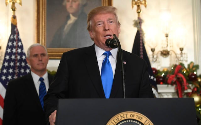 President Donald Trump delivers his statement on Jerusalem last December as Vice-President Mike Pence looks on. Photo: Saul Loeb/AFP/Getty Images President Donald Trump delivers his statement on Jerusalem last December as Vice-President Mike Pence looks on. Photo: Saul Loeb/AFP/Getty Images