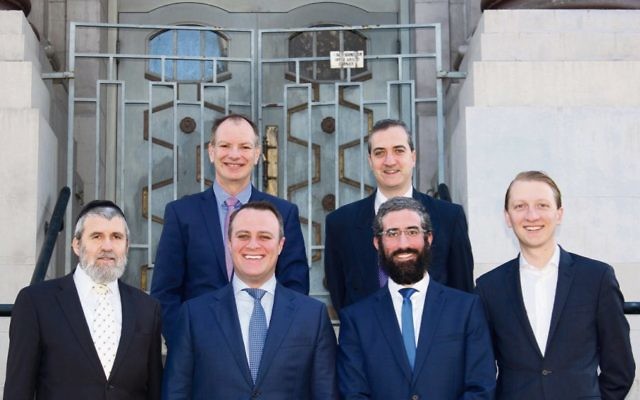 At the funding announcement at St Kilda Shule, clockwise from top left: State MP David Southwick, immediate past president of South Caulfield Shule Zeev Duieb, Senator James Paterson, Rabbi Yaakov Glasman of St Kilda Shule, Tim Wilson MP and Rabbi Dovid Rubinfeld of Melbourne Hebrew Congregation.