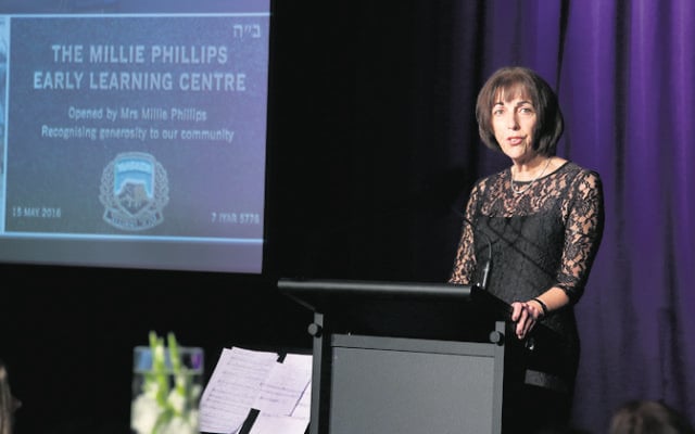 Wendy Barel speaking at Masada College's 50th anniversary gala dinner in 2016. Photo: Noel Kessel.