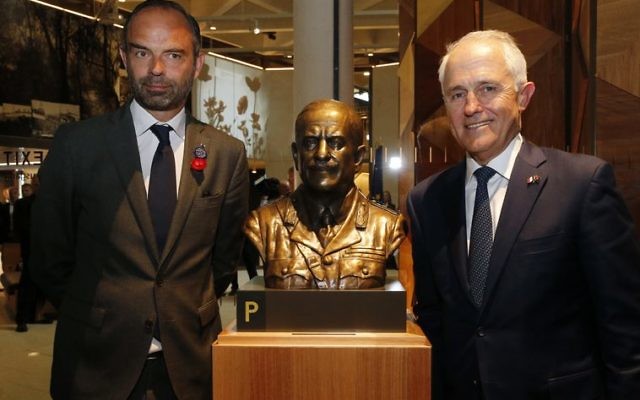 French PM Edouard Philippe (left) and Australian PM Malcolm Turnbull with a bust of General Sir John Monash at the opening of the Sir John Monash Centre. Photo: Pascal Rossignol, Pool via AP French PM Edouard Philippe (left) and Australian PM Malcolm Turnbull with a bust of General Sir John Monash at the opening of the Sir John Monash Centre. Photo: Pascal Rossignol, Pool via AP