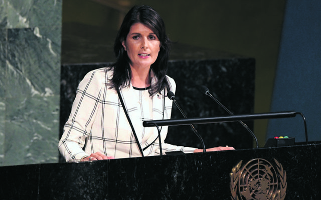 Nikki Haley addressing the UN General Assembly last Wednesday.
Photo: UN Photo/Evan Schneider Nikki Haley addressing the UN General Assembly last Wednesday.
Photo: UN Photo/Evan Schneider