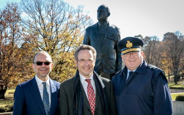 From left, Rabbi Ralph Genende, Michael Bennett, Monash's great-grandson, and Air Commodore Mark Willis in front of the sculpture. Photo: David Whittaker From left, Rabbi Ralph Genende, Michael Bennett, Monash's great-grandson, and Air Commodore Mark Willis in front of the sculpture. Photo: David Whittaker