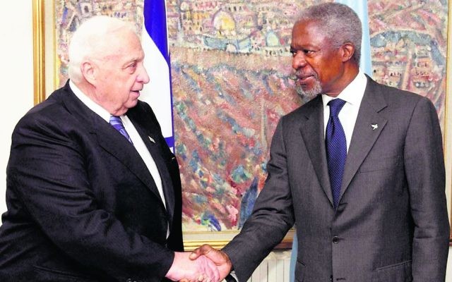 Kofi Annan (right) meeting Israel's then prime minister Ariel Sharon in 2005. Photo: GPO Kofi Annan (right) meeting Israel's then prime minister Ariel Sharon in 2005. Photo: GPO