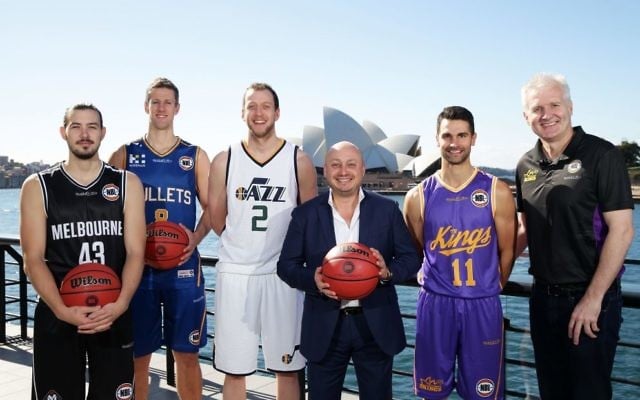 From left: Melbourne United's Chris Goulding, former Brisbane Bullets and new Sydney Kings recruit Daniel Kickert, Joe Ingles from NBA's Utah Jazz, NBL owner Larry Kestelman, Sydney Kings captain Kevin Lisch and Kings' coach Andrew Gaze. Photo: Matt King/Getty Images/NBL. From left: Melbourne United's Chris Goulding, former Brisbane Bullets and new Sydney Kings recruit Daniel Kickert, Joe Ingles from NBA's Utah Jazz, NBL owner Larry Kestelman, Sydney Kings captain Kevin Lisch and Kings' coach Andrew Gaze. Photo: Matt King/Getty Images/NBL.