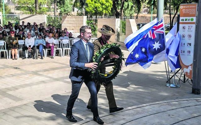 Australian ambassador to Israel Chris Cannan laying a wreath at the Beersheba commemoration. Australian ambassador to Israel Chris Cannan laying a wreath at the Beersheba commemoration.