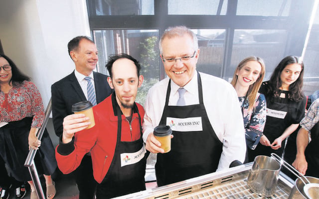 Josh Ferenbach serving Scott Morrison coffee. Photo: Peter Haskin Josh Ferenbach serving Scott Morrison coffee. Photo: Peter Haskin