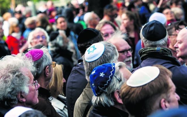 Participants wearing kippahs at a rally in Berlin, April 25, 2018. Photo: Carsten Koall/Getty Images Participants wearing kippahs at a rally in Berlin, April 25, 2018. Photo: Carsten Koall/Getty Images