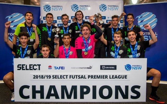 The U19 men's Futsal NSW NPL1 premiership winners, Mascot Vipers, featuring Jewish players Ethan de Melo (front, second from left) and Oskar Beck (front, third from left). Photo: Football NSW/Loopii The U19 men's Futsal NSW NPL1 premiership winners, Mascot Vipers, featuring Jewish players Ethan de Melo (front, second from left) and Oskar Beck (front, third from left). Photo: Football NSW/Loopii