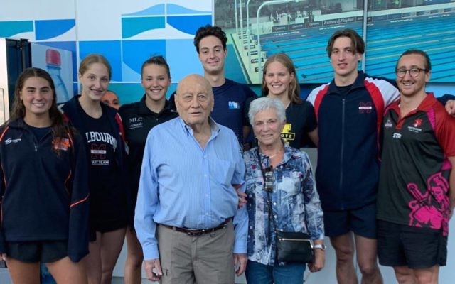 Nachum and Edna Buch (front) with (from left) Victorian swimmers Brooke Roseman, Jordana Marks, Isabella Smorgon, Jesse Nissen, Ashley Weill, Benno Negri, and NSW swimmer Zac Freuden. Nachum and Edna Buch (front) with (from left) Victorian swimmers Brooke Roseman, Jordana Marks, Isabella Smorgon, Jesse Nissen, Ashley Weill, Benno Negri, and NSW swimmer Zac Freuden.
