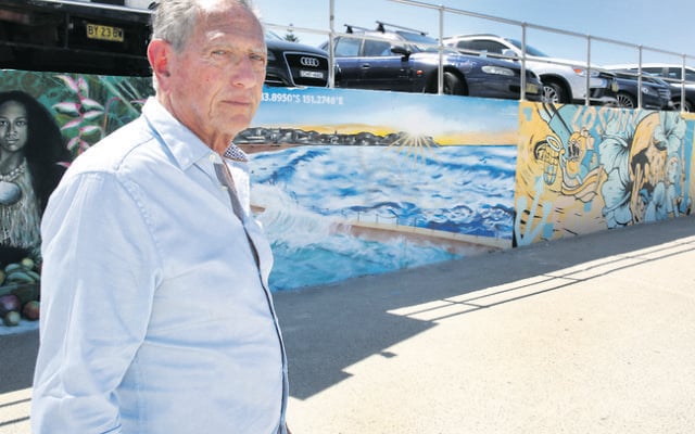Holocaust survivor Peter Halas at Bondi Beach in front of Anthony Glick's mural – one of many that was defaced in last weekend's antisemitic graffiti attack. Photo: Noel Kessel Holocaust survivor Peter Halas at Bondi Beach in front of Anthony Glick's mural – one of many that was defaced in last weekend's antisemitic graffiti attack. Photo: Noel Kessel