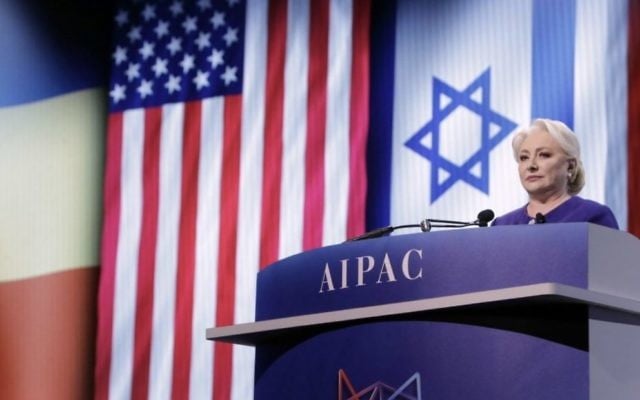 Romanian Prime Minister Viorica Dăncilă speaks at AIPAC's annual policy conference (Viorica Dăncilă Twitter feed) Romanian Prime Minister Viorica Dăncilă speaks at AIPAC's annual policy conference (Viorica Dăncilă Twitter feed)