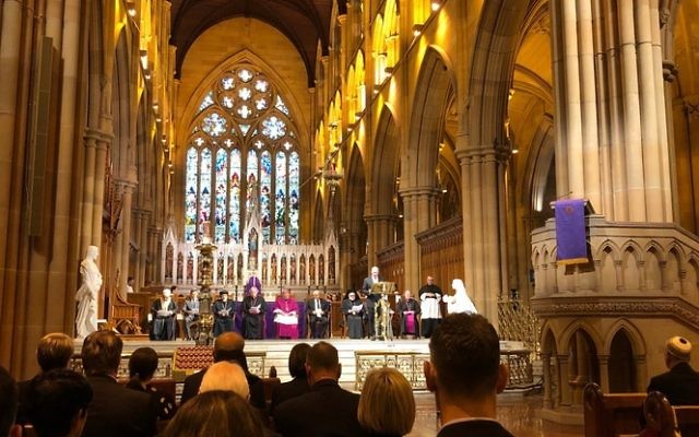 JBOD president Lesli Berger on stage with other faith leaders at St Mary's Cathedral. JBOD president Lesli Berger on stage with other faith leaders at St Mary's Cathedral.