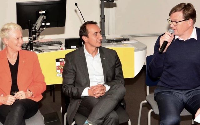From left: Dr Kerryn Phelps MP, Dave Sharma and Tim Murray
at the AUJS/AJN Wentworth forum. Photo: Henry Benjamin