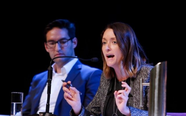 Steph Hodgins-May (right) and Josh Burns taking part in the AUJS 2019 election debate. Photo: Peter Haskin Steph Hodgins-May (right) and Josh Burns taking part in the AUJS 2019 election debate. Photo: Peter Haskin