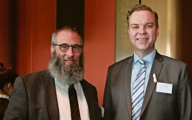Jamie Parker (right) with Rabbi Mendel Kastel at the NSW Parliament
Chanukah event in 2016. Photo: Shane Desiatnik Jamie Parker (right) with Rabbi Mendel Kastel at the NSW Parliament
Chanukah event in 2016. Photo: Shane Desiatnik
