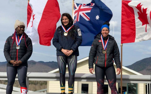 Australia’s Ashleigh Werner (centre) at the women’s monobob medal presentation at Lake Placid, USA, on April 13. Australia’s Ashleigh Werner (centre) at the women’s monobob medal presentation at Lake Placid, USA, on April 13.