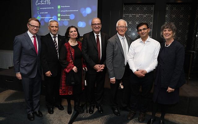 From left: Hugh Riminton, Dr Jamal Rifi, Zeina Abdulhadi, Palestinian head of delegation Izzat Abdulhadi, Ron Finkel, Dr A Abdel Rahman, Prof Esti Galili-Weisstub. Photo: Project Rozana From left: Hugh Riminton, Dr Jamal Rifi, Zeina Abdulhadi, Palestinian head of delegation Izzat Abdulhadi, Ron Finkel, Dr A Abdel Rahman, Prof Esti Galili-Weisstub. Photo: Project Rozana