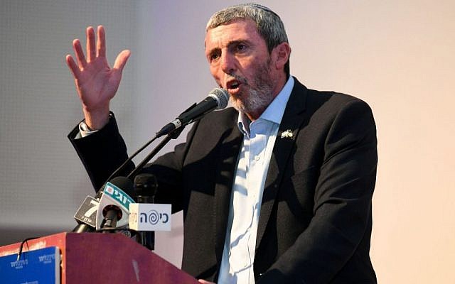 Rafi Peretz, Israel’s Education Minister and chairman of the Jewish Home Party, speaks at a party meeting on June 19, 2019. (Yehuda Haim/Flash90) Rafi Peretz, Israel’s Education Minister and chairman of the Jewish Home Party, speaks at a party meeting on June 19, 2019. (Yehuda Haim/Flash90)
