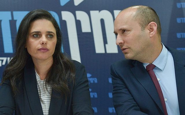 Ayelet Shaked and Naftali Bennett hold a news conference for the New Right party in Tel Aviv, March 17, 2019. (Flash90) Ayelet Shaked and Naftali Bennett hold a news conference for the New Right party in Tel Aviv, March 17, 2019. (Flash90)