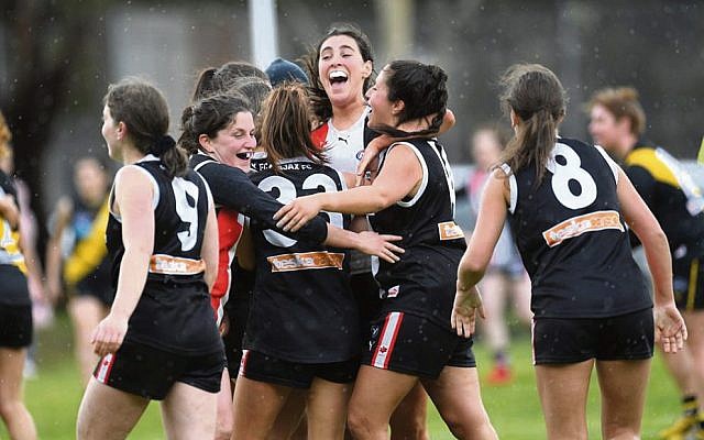 The Jackettes celebrate after defeating Richmond Central in the VAFA women’s Division 4 preliminary final.